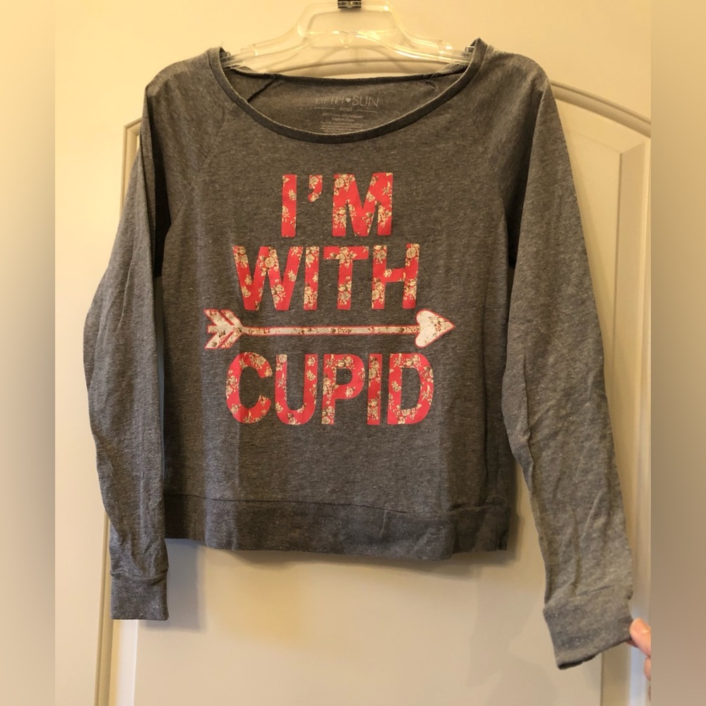 Fifth Sun Gray Top with Pink Cupid Graphic, long sleeve, size Small blouse women